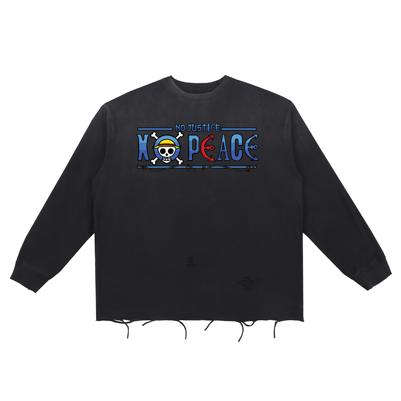 Anime No Peace Unisex Snow Wash Raw Edge Cotton T-Shirt