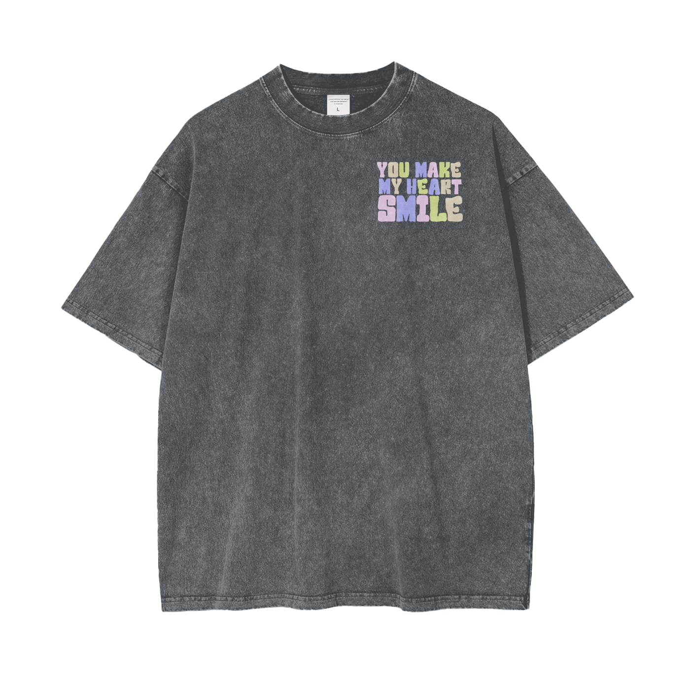 Heart Smile Frt/Bck Print Unisex Oversize Snow Washed T-Shirt