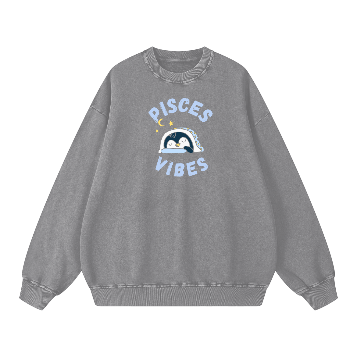 Zodiac Pisces Penguin Unisex Acid Wash Oversize Sweatshirt