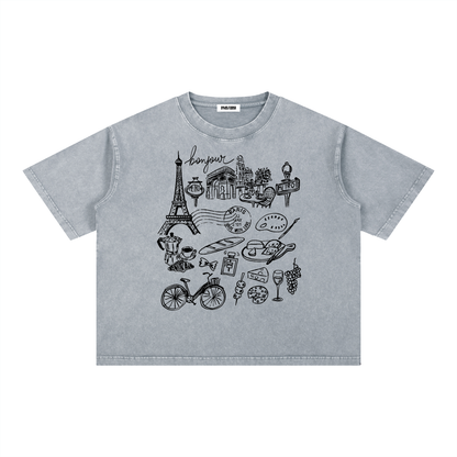 Paris France Mineral Wash Unisex Boxy Cotton T-Shirt