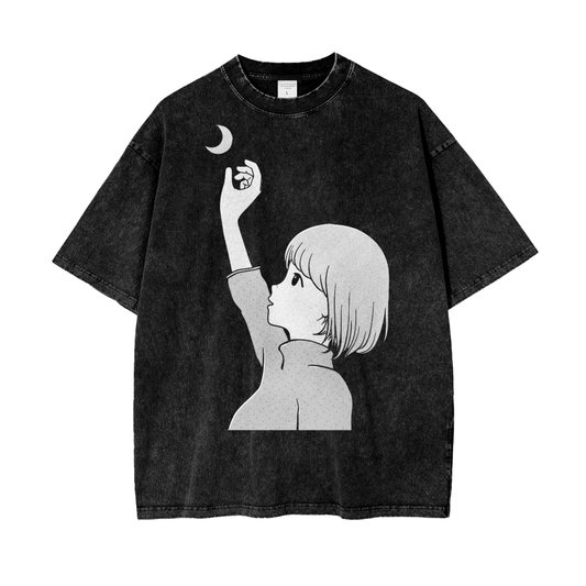 Anime Space Girl Frt/Bck Oversize Snow Washed T-Shirt