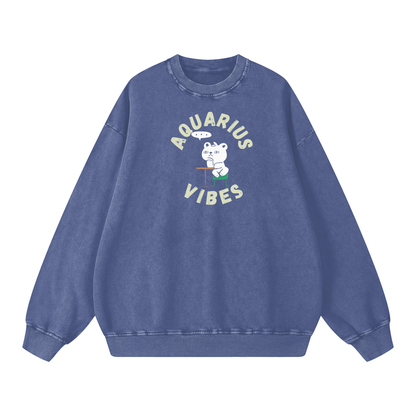 Zodiac Aquarius Bear Unisex Acid Wash Oversize Sweatshirt