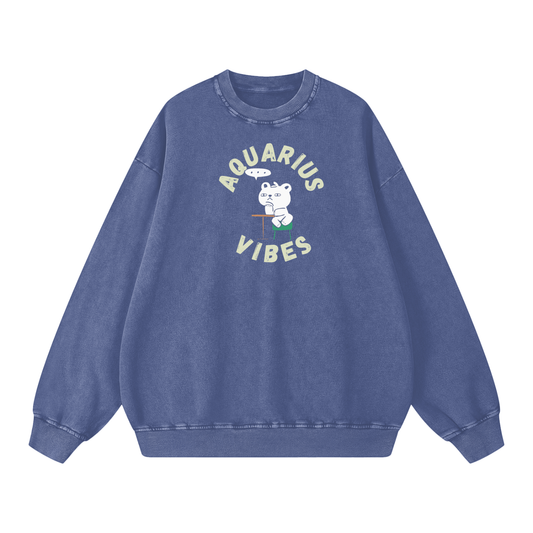 Zodiac Aquarius Bear Unisex Acid Wash Oversize Sweatshirt