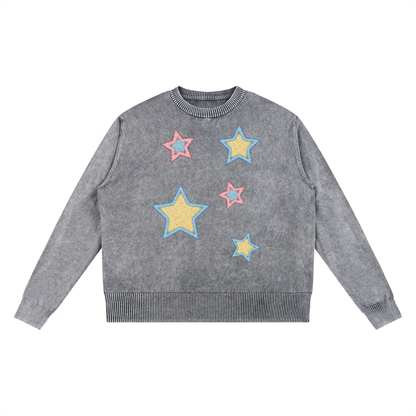 Stars Faux-Patchwork Mineral Wash Oversized Sweater