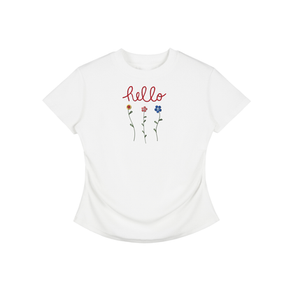 Hello Flowers Faux Embroidered Vintage Washed Femme Fit Cotton T-Shirt