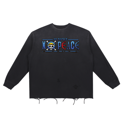 Anime No Peace Unisex Snow Wash Raw Edge Cotton T-Shirt