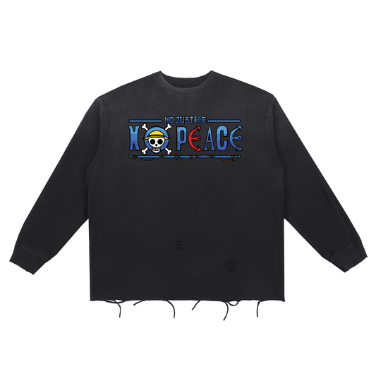 Anime No Peace Unisex Snow Wash Raw Edge Cotton T-Shirt