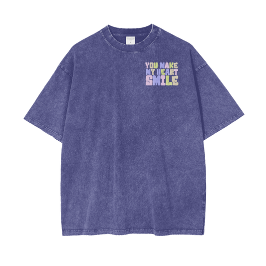 Heart Smile Frt/Bck Print Unisex Oversize Snow Washed T-Shirt
