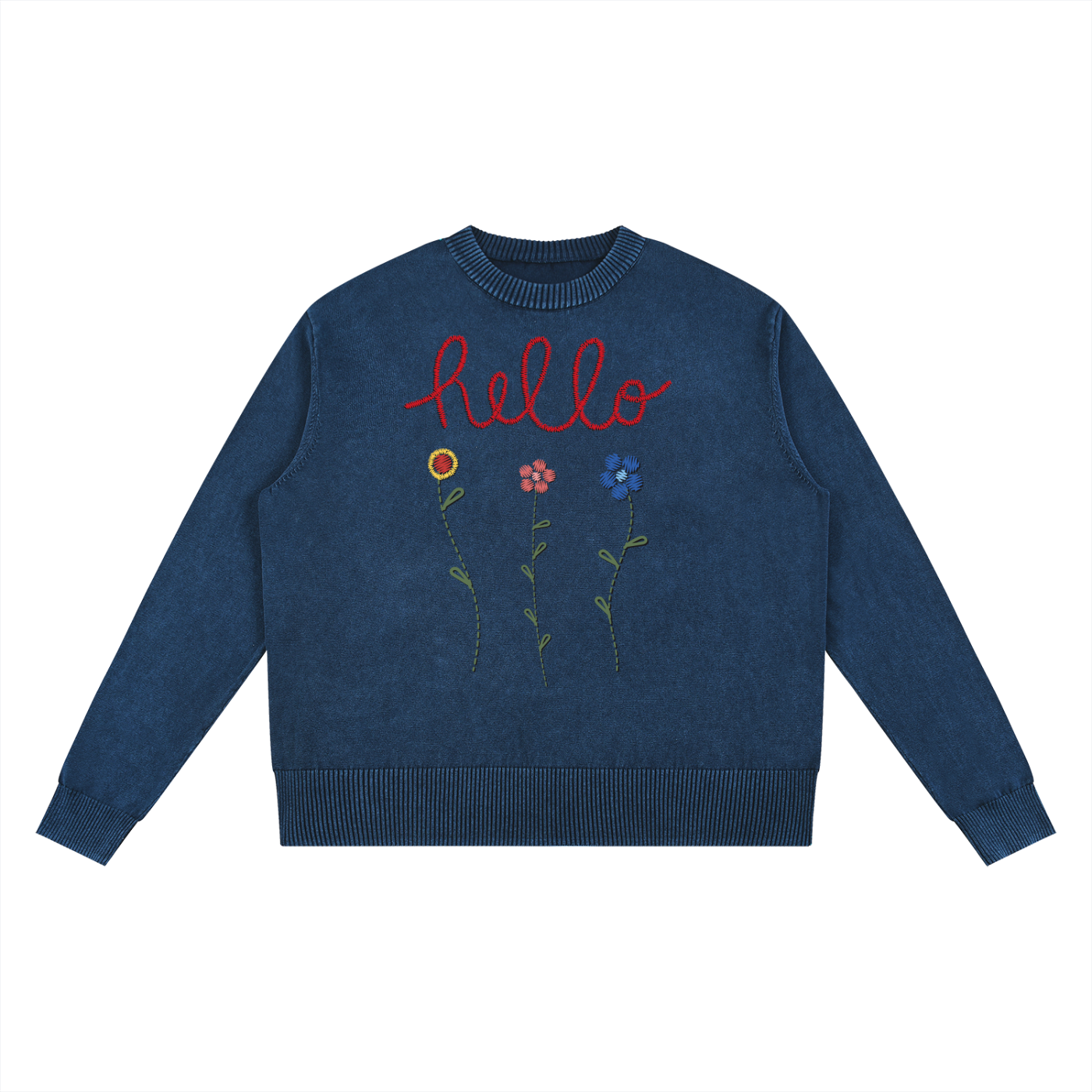 Hello Flowers Faux-Embroidered Mineral Wash Oversized Sweater