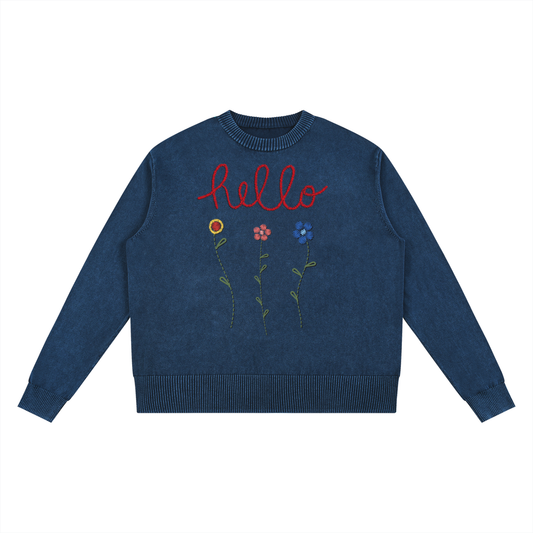 Hello Flowers Faux-Embroidered Mineral Wash Oversized Sweater