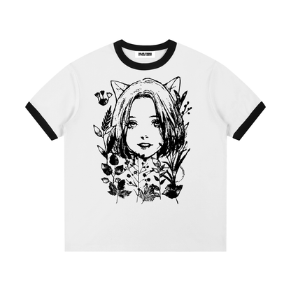 Anime Cat Girl Contrast Ribbed Crewneck T-Shirt