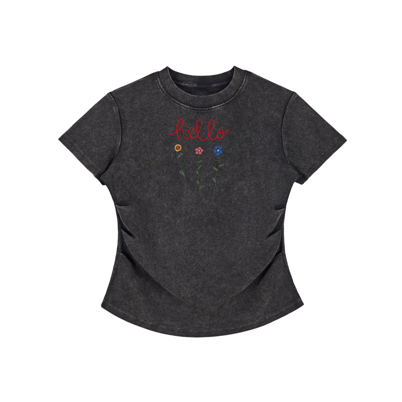 Hello Flowers Faux Embroidered Vintage Washed Femme Fit Cotton T-Shirt