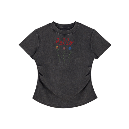 Hello Flowers Faux Embroidered Vintage Washed Femme Fit Cotton T-Shirt