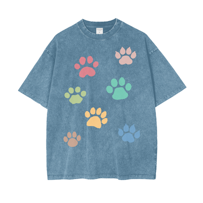 Paw Prints Unisex Oversize Snow Washed T-Shirt