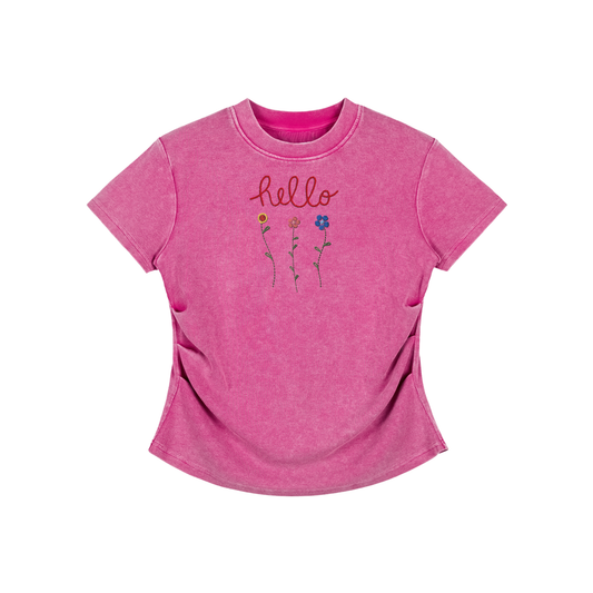 Hello Flowers Faux Embroidered Vintage Washed Femme Fit Cotton T-Shirt