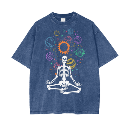 Skeleton Meditate Unisex Oversize Snow Washed T-Shirt