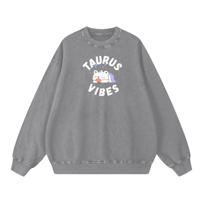 Zodiac Taurus Bear Unisex Acid Wash Oversize Sweatshirt