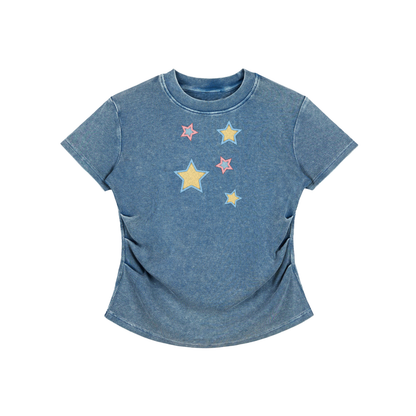Stars  Faux Embroidered Vintage Washed Femme Fit Cotton T-Shirt