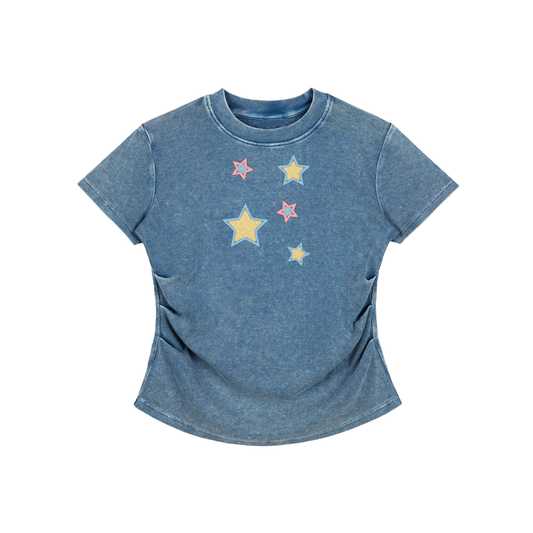 Stars  Faux Embroidered Vintage Washed Femme Fit Cotton T-Shirt