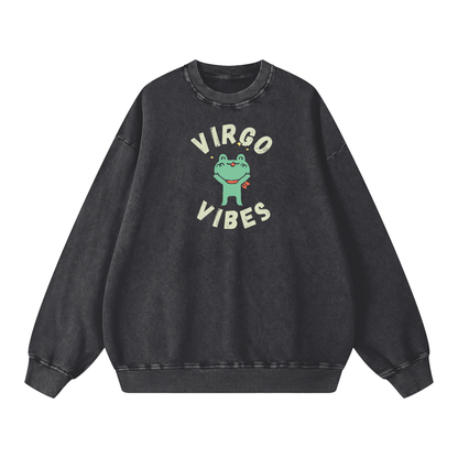 Zodiac Virgo Frog Unisex Acid Wash Oversize Sweatshirt