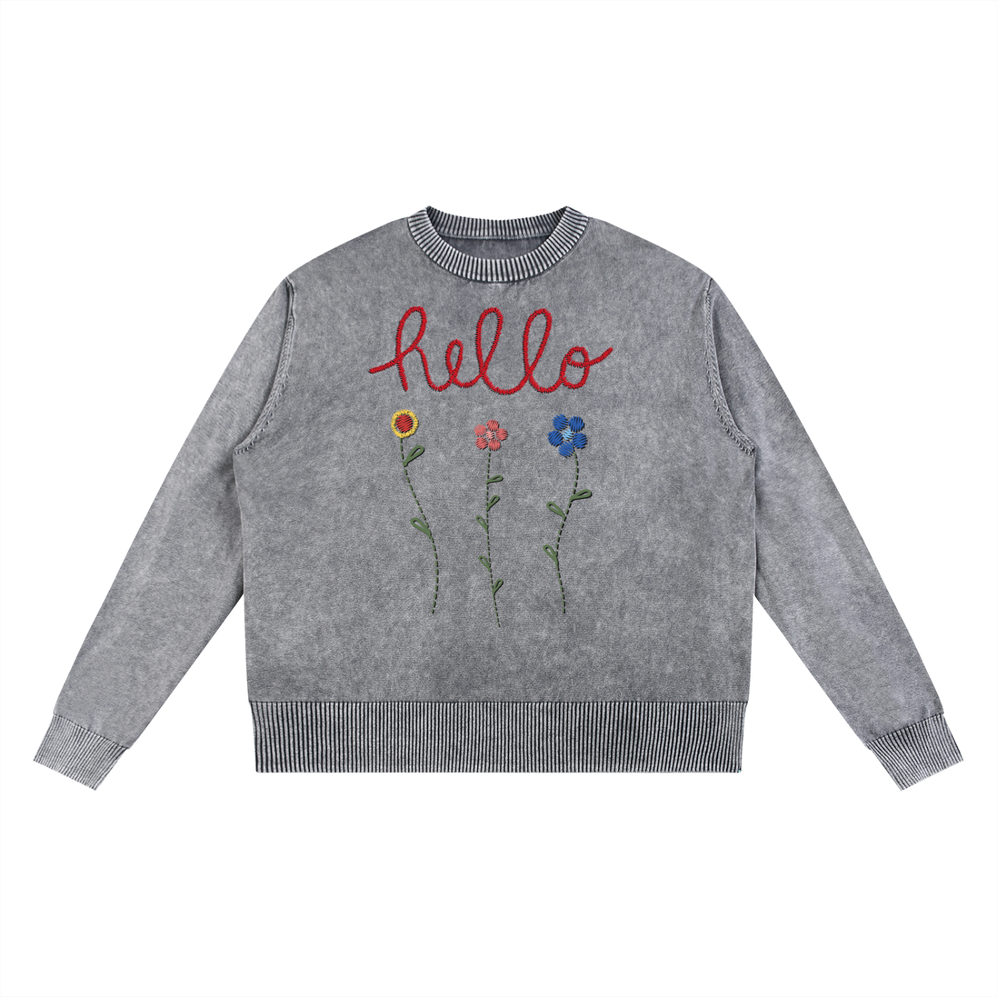 Hello Flowers Faux-Embroidered Mineral Wash Oversized Sweater