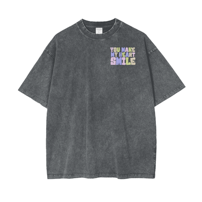 Heart Smile Frt/Bck Print Unisex Oversize Snow Washed T-Shirt
