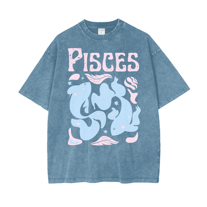 Zodiac Pisces Psychedelic Unisex Oversized Snow Washed T-Shirt