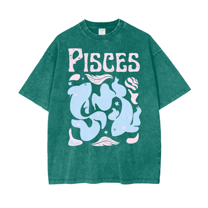 Zodiac Pisces Psychedelic Unisex Oversized Snow Washed T-Shirt