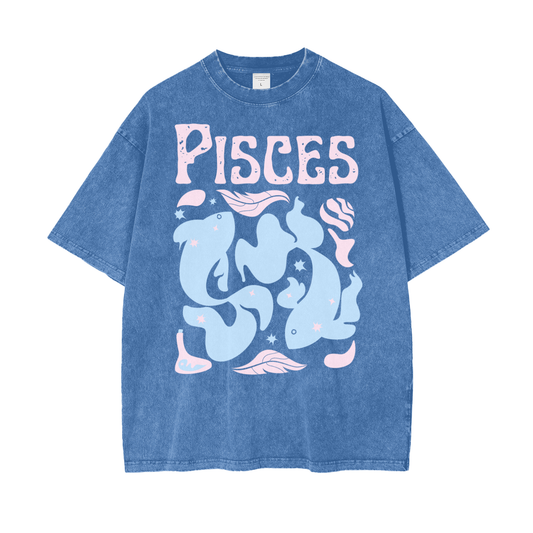 Zodiac Pisces Psychedelic Unisex Oversized Snow Washed T-Shirt
