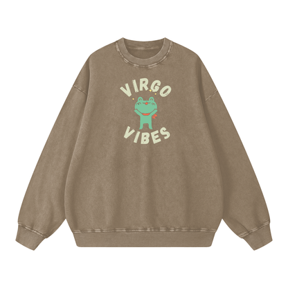 Zodiac Virgo Frog Unisex Acid Wash Oversize Sweatshirt