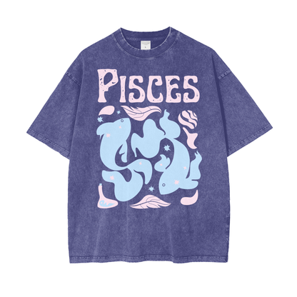 Zodiac Pisces Psychedelic Unisex Oversized Snow Washed T-Shirt