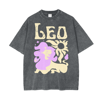 Zodiac Leo Psychedelic Unisex Oversize Snow Washed T-Shirt