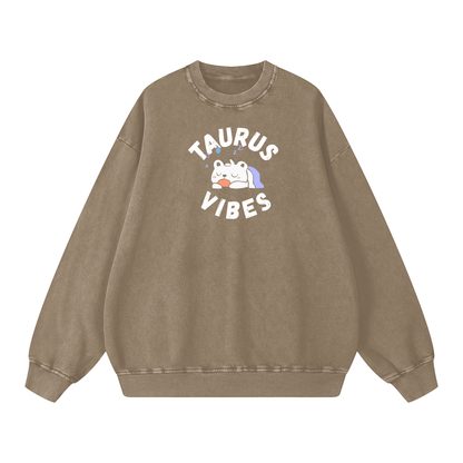 Zodiac Taurus Bear Unisex Acid Wash Oversize Sweatshirt