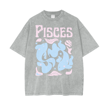 Zodiac Pisces Psychedelic Unisex Oversized Snow Washed T-Shirt