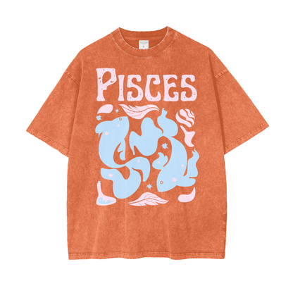 Zodiac Pisces Psychedelic Unisex Oversized Snow Washed T-Shirt