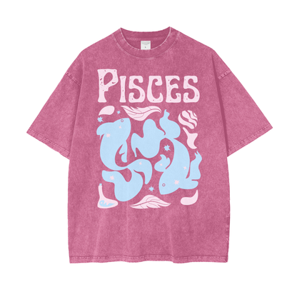 Zodiac Pisces Psychedelic Unisex Oversized Snow Washed T-Shirt