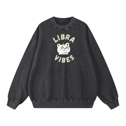 Zodiac Libra Bear Unisex Acid Wash Oversize Sweatshirt