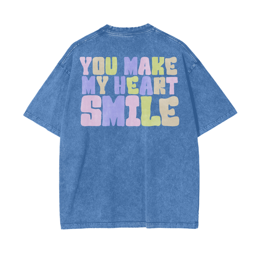 Heart Smile Frt/Bck Print Unisex Oversize Snow Washed T-Shirt
