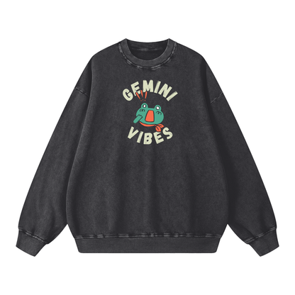 Zodiac Gemini Frog Unisex Acid Wash Oversize Sweatshirt