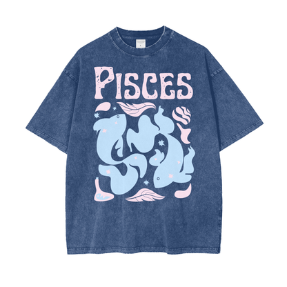 Zodiac Pisces Psychedelic Unisex Oversized Snow Washed T-Shirt