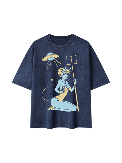 Alien Girl Mineral Wash Boxy Cotton T-Shirt