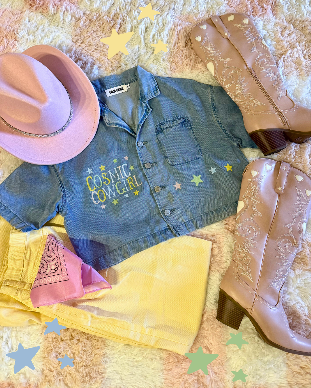 Cosmic Cowgirl Vintage Wash Boxy Crop Button Down T-Shirt