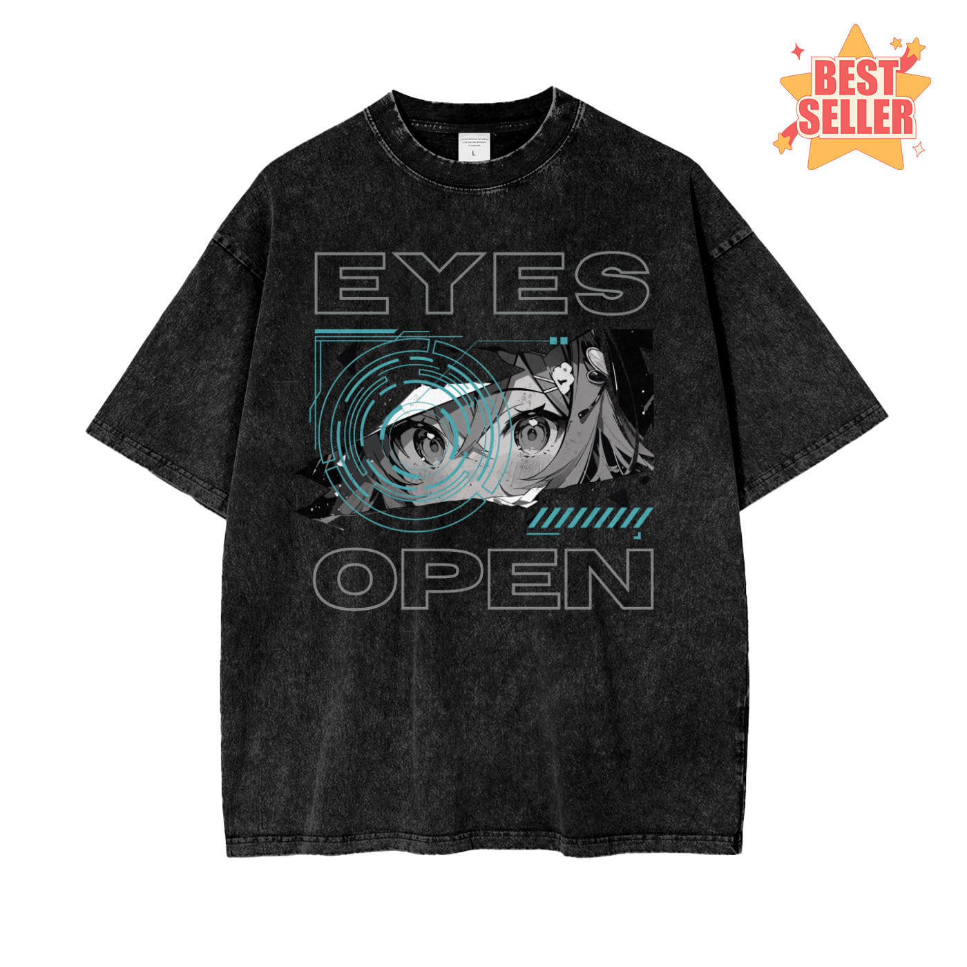 Cyber Anime Girl Eyes Oversize Snow Washed T-Shirt
