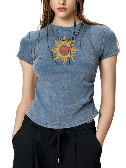 Sun Love Vintage Washed Femme Fit Cotton T-Shirt