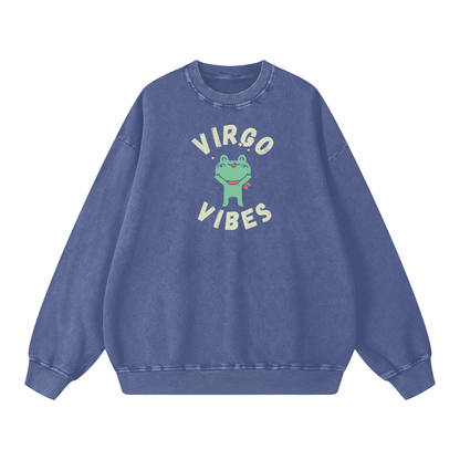 Zodiac Virgo Frog Unisex Acid Wash Oversize Sweatshirt