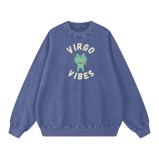 Zodiac Virgo Frog Unisex Acid Wash Oversize Sweatshirt