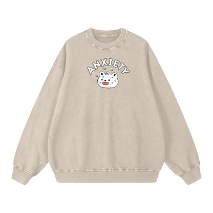 Anxiety Polar Bear Acid Wash Oversize Sweatshirt