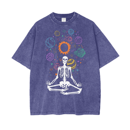 Skeleton Meditate Unisex Oversize Snow Washed T-Shirt