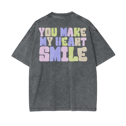 Heart Smile Frt/Bck Print Unisex Oversize Snow Washed T-Shirt