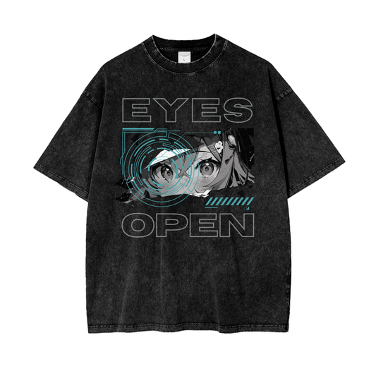 Cyber Anime Girl Eyes Oversize Snow Washed T-Shirt